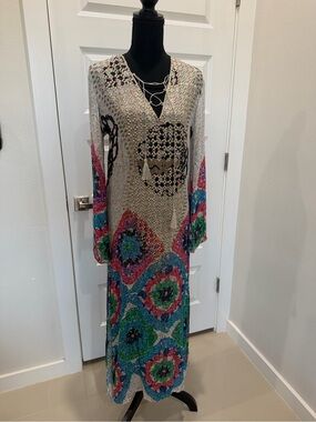 Vtg TAJ by Sabrina Crippa Boho Dress Maxi Silk Dress Metal Embroidered Resort XS